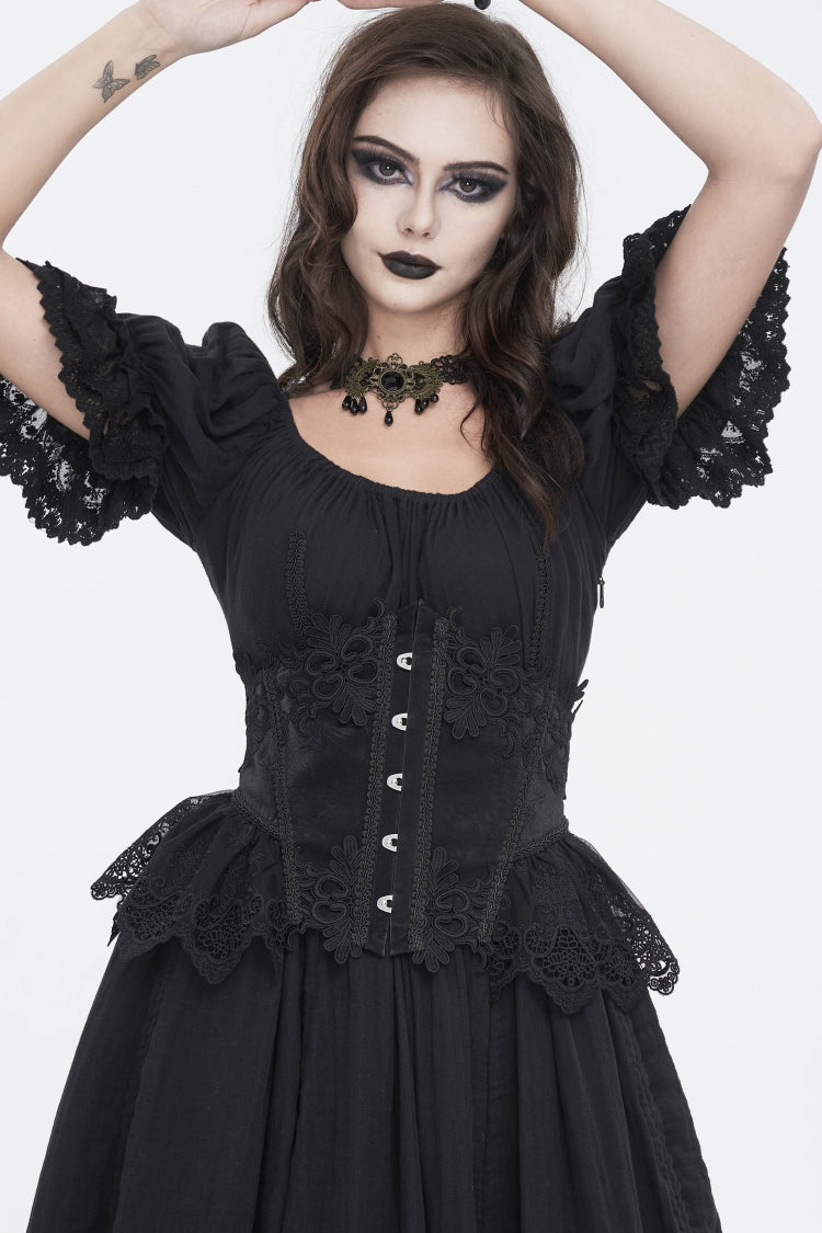 Black Embroidered Patchwork Lace Lace-Up Slim Fit Mesh Eyelet Women's Gothic Luxurious Royal Underbust Corset - Product - 9
