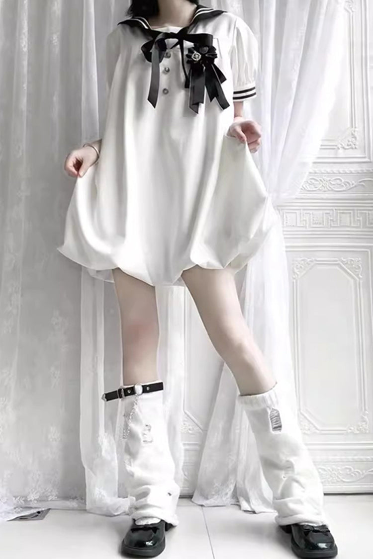 Black/White [Old Stories] Navy Collar Short Sleeves Bowknot Sweet Lolita Dress - Product - 5