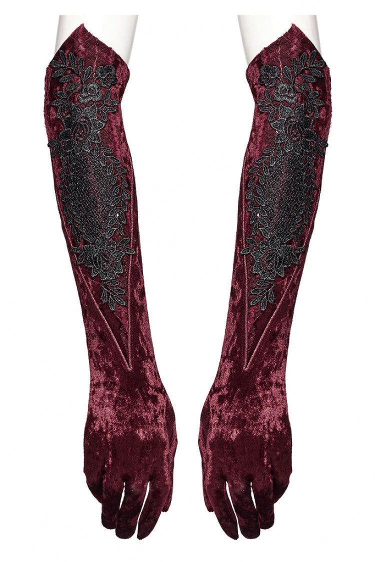 Red Floral Embroidery Lace-Up Women's Gothic Gloves - Product - 5
