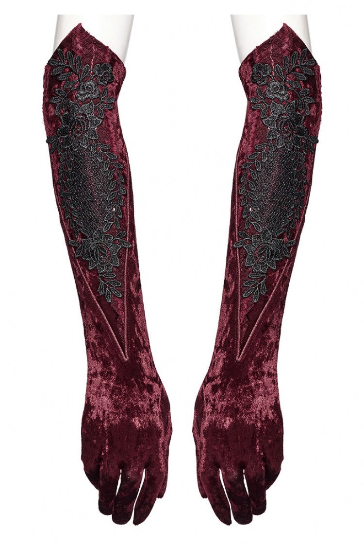 Red Floral Embroidery Lace-Up Women's Gothic Gloves - Product - 5