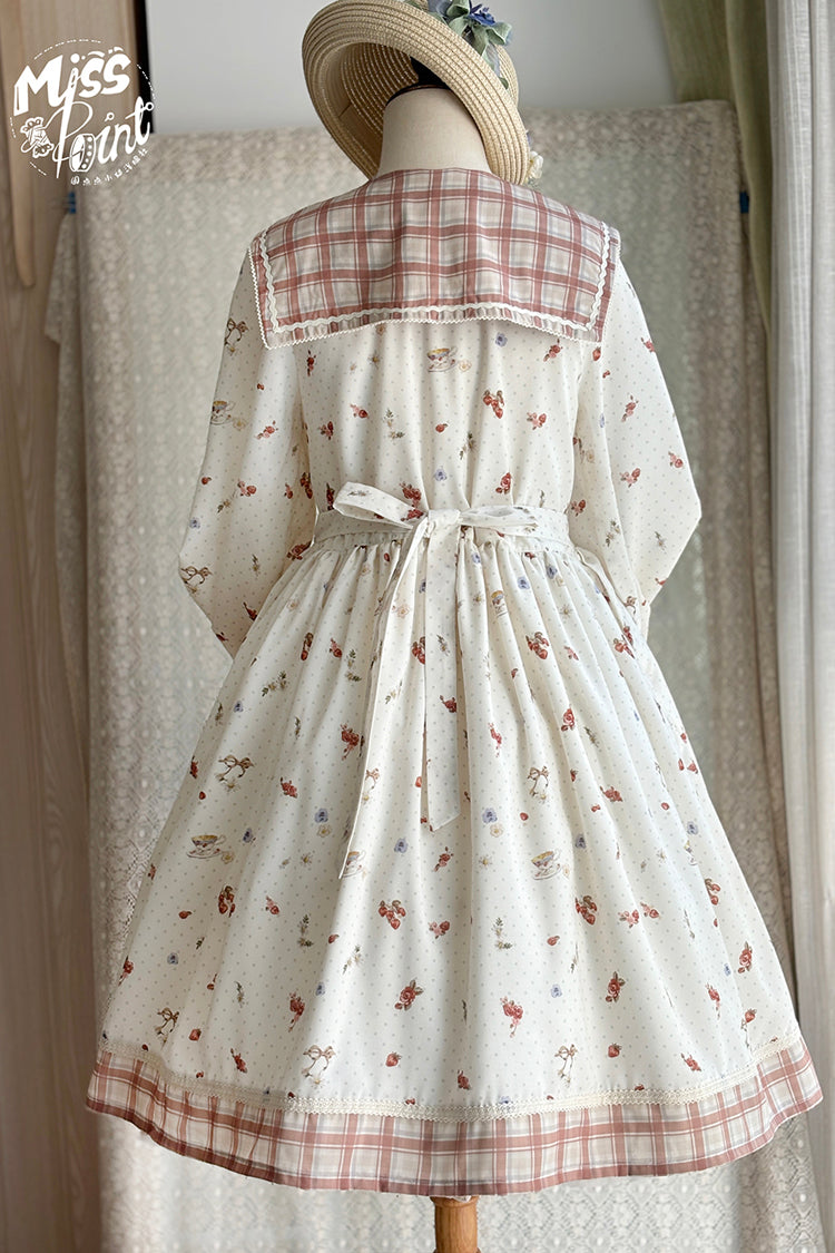 Ivory Sailor Collar Print Ruffle Bowknot Sweet Elegant Lolita Dress - Product - 8