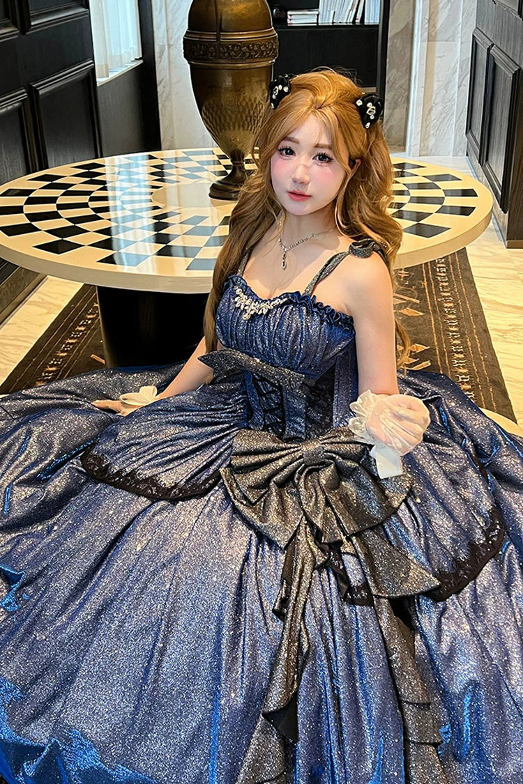 Blue [Galaxy of Fallen Tears] Sleeveless Glitter Series Ruffled Bow Asymmetric Sweet Lolita Jsk Dress - Product - 11
