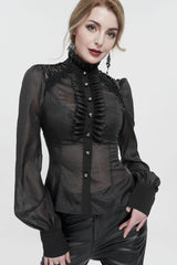 Black Long Sleeve Ruffles On Chest Shoulder Back Tie Detail See-Through Pattern Material Stand Collar Women's Gothic Shirt - Product - 2