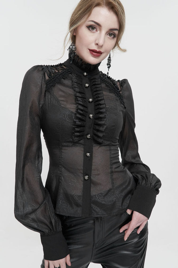 Black Long Sleeve Ruffles On Chest Shoulder Back Tie Detail See-Through Pattern Material Stand Collar Women's Gothic Shirt - Product - 2
