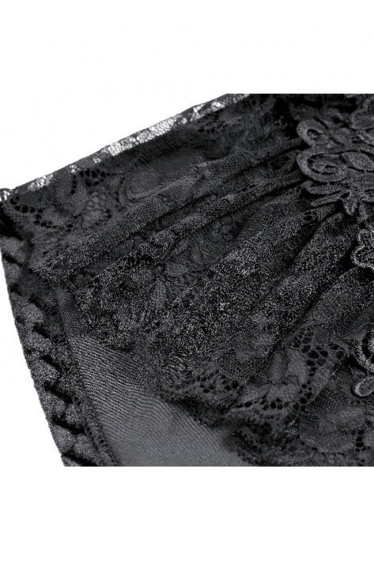 Black Women's Gothic Floral Embossed Velvet Shorts with Sheer Lace Trim - Product - 11