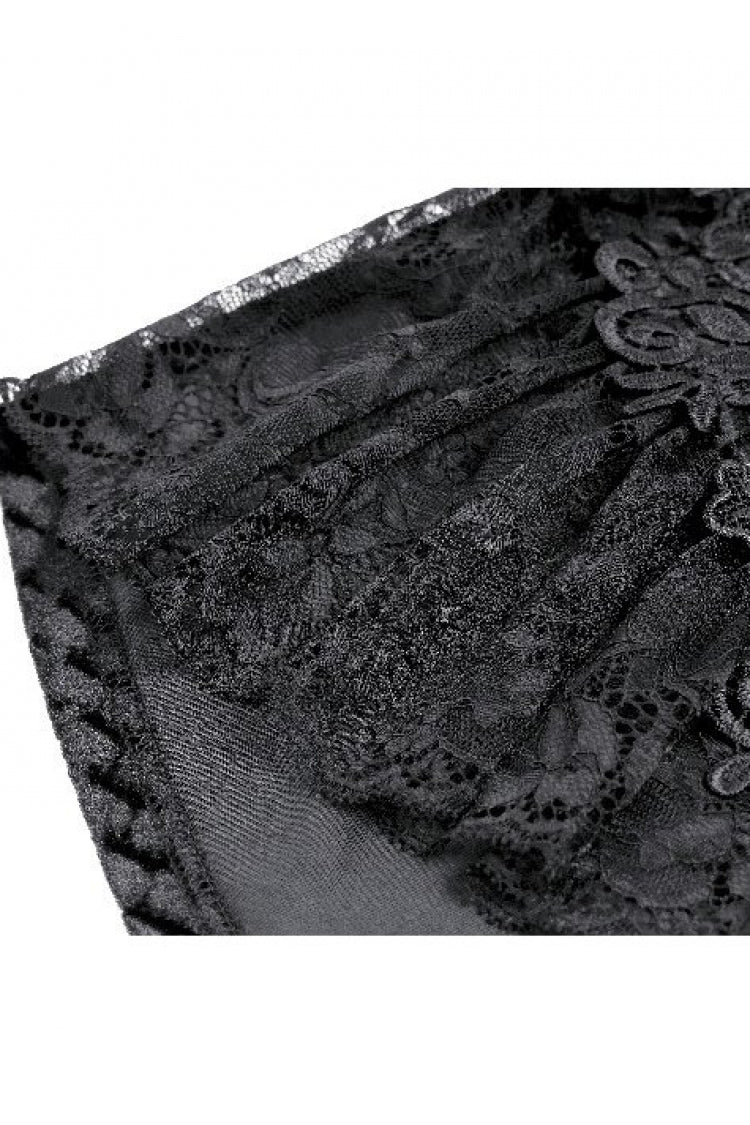 Black Women's Gothic Floral Embossed Velvet Shorts with Sheer Lace Trim - Product - 11