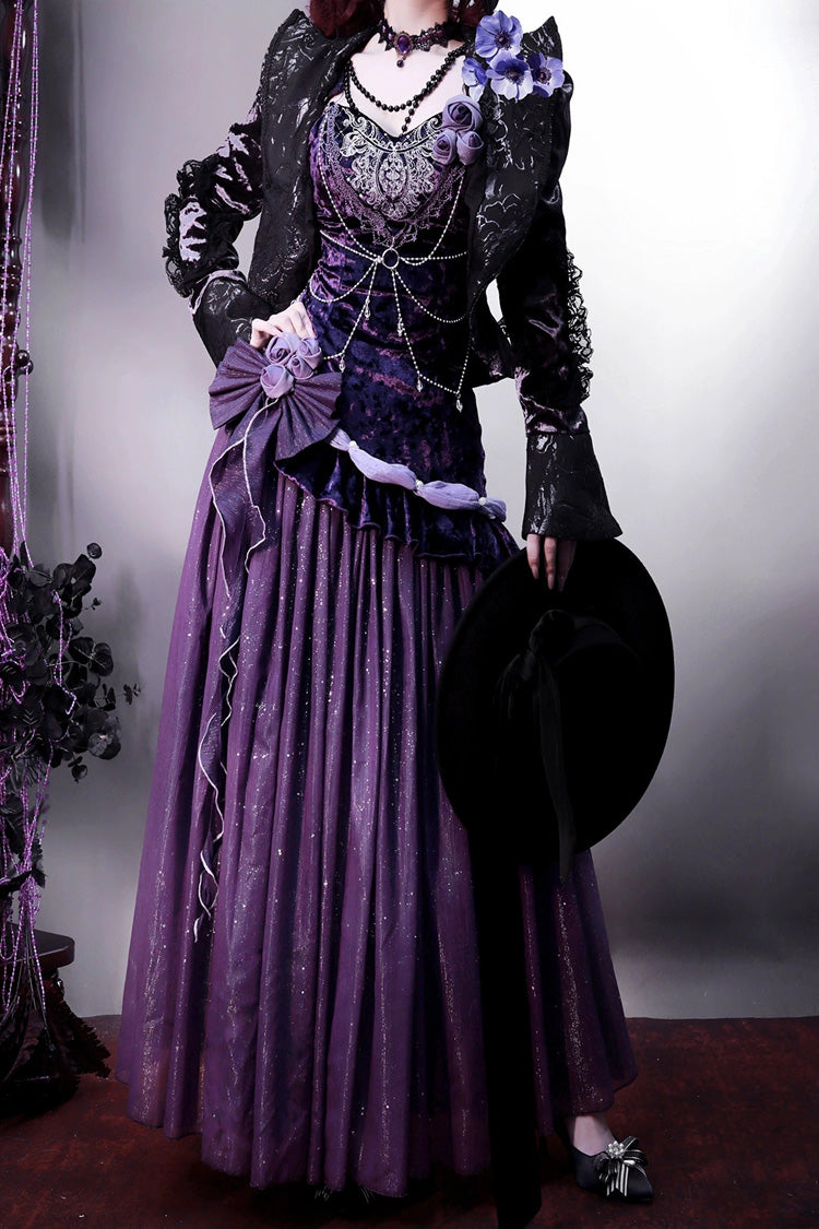 Purple [Mysterious Nocturne] Embroidery Bowknot Lace Classic Vintage Elegant Gorgeous Lolita Jsk Dress - Product - 7