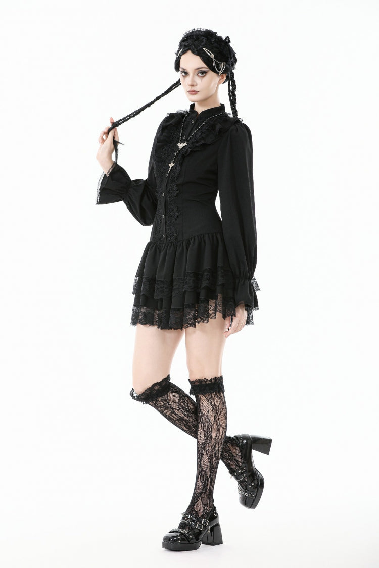 Black Long Bishop Sleeves Double-Layered Lace Hem Lace-Up Women's Gothic Dress - Product - 10