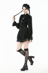 Black Long Bishop Sleeves Double-Layered Lace Hem Lace-Up Women's Gothic Dress - Product - 10