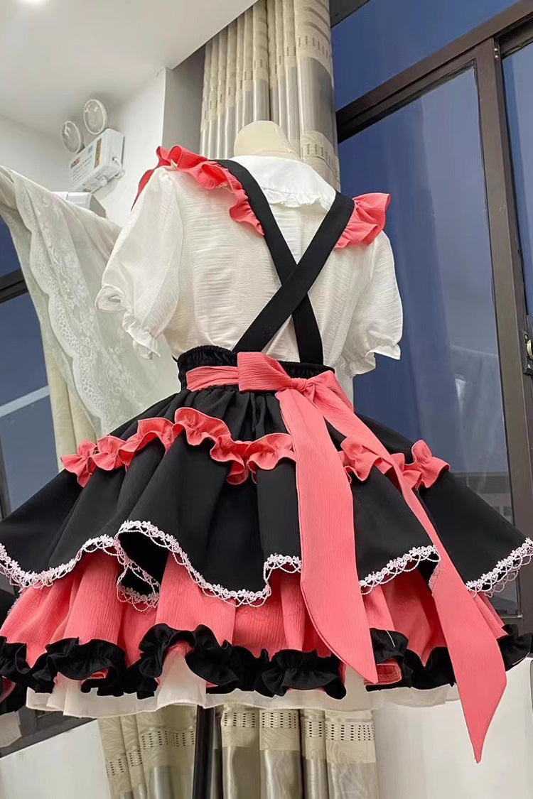 Strappy Doll Collar Ruffle Sweet Lolita Tiered Skirt 7 Colors - Black/Red - 16