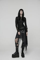 Black Double-Layered Irregular Eyelet Women's Punk rregular Wasteland Skirt - Black - 1