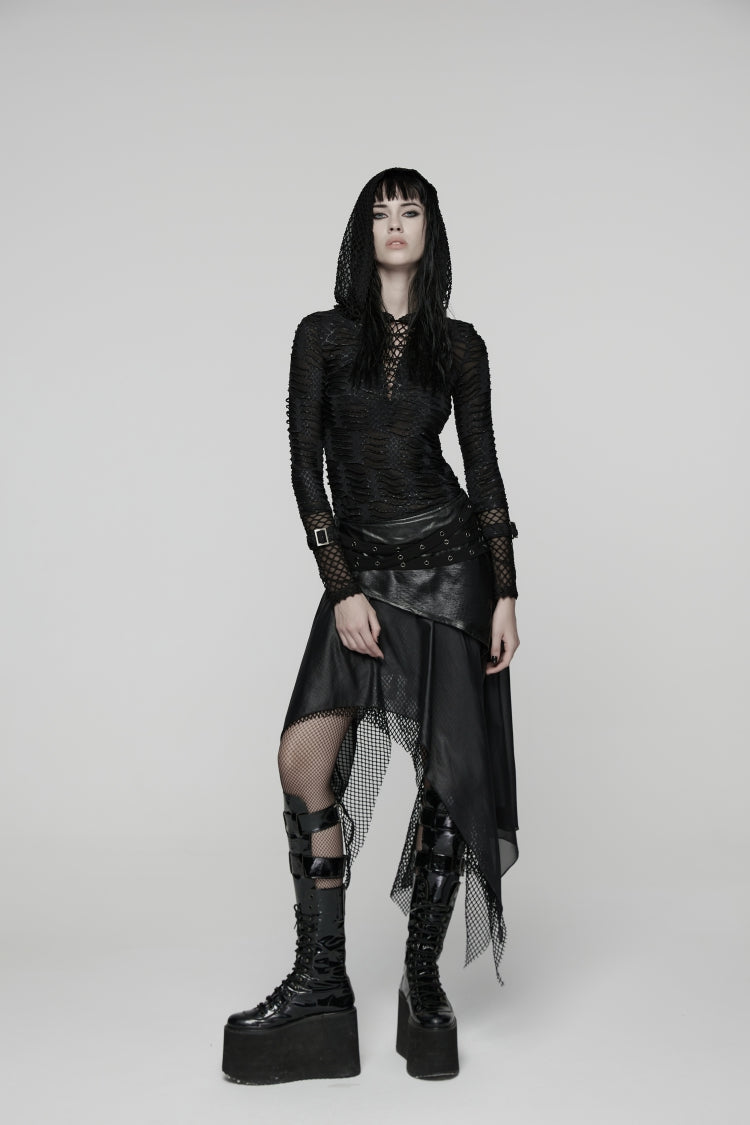 Black Double-Layered Irregular Eyelet Women's Punk rregular Wasteland Skirt - Black - 1