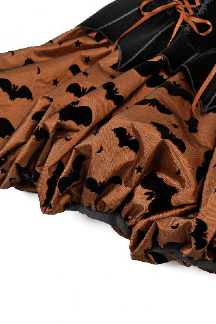 Black/Orange Square Collar Long Sleeves Bat Printed Lace-Up Women's Gothic Pumpkin Halloween Dress - Product - 16