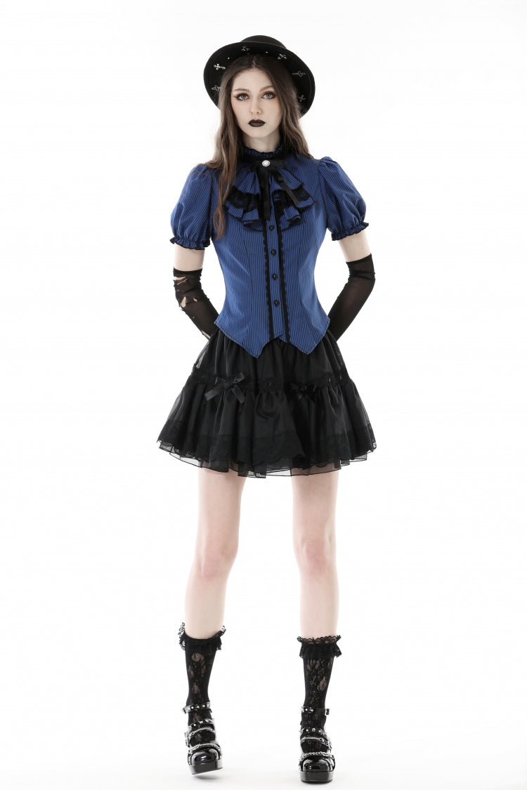 Blue/Black Striped Bow Ruffled Stand Collar Lace Jabot Short Puff Sleeves Front Button‑Up Women's Gothic Blouse - Product - 9