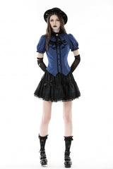 Blue/Black Striped Bow Ruffled Stand Collar Lace Jabot Short Puff Sleeves Front Button‑Up Women's Gothic Blouse - Product - 9