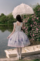[Morning Dew Rose] Square Collar Flutter Sleeves Printed Embroidered Bow Sweet Chinese Inspired Lolita Jsk Dress 2 Colors (Blue, Green) - Product - 6