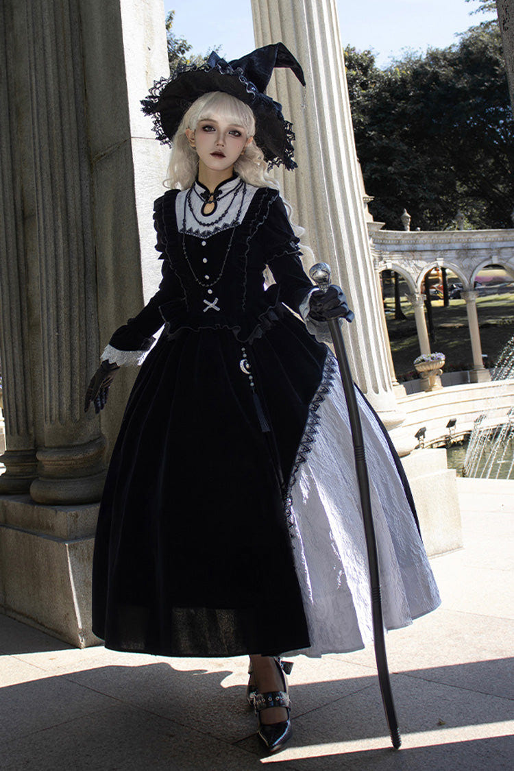 ブラック Witch 長袖 フリル リボン 切り替え レース ゴシックロリータ ロング ワンピース 商品画像