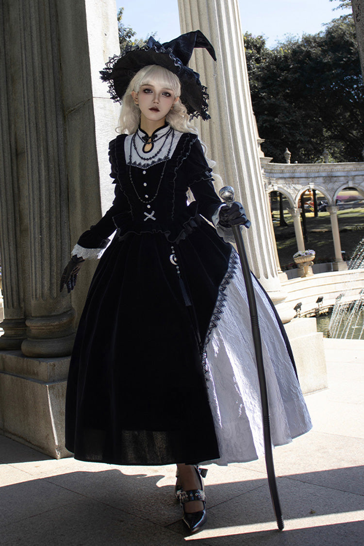 Black Witch Long Sleeves Ruffle Bowknot Stitching Lace Gothic Lolita Long Dress - Product - 2
