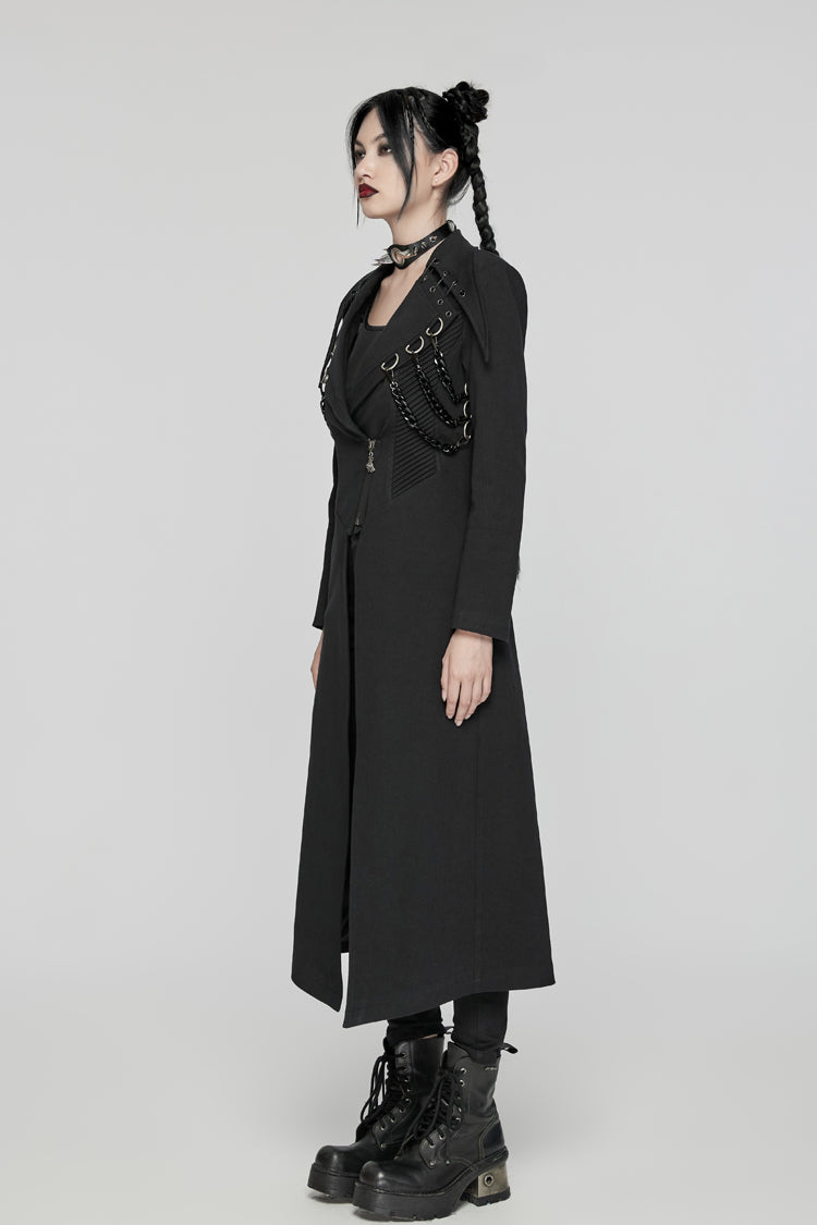 Black Lapel Collar Metal Chains Long Sleeves Women's Punk Long Coat - Product - 4