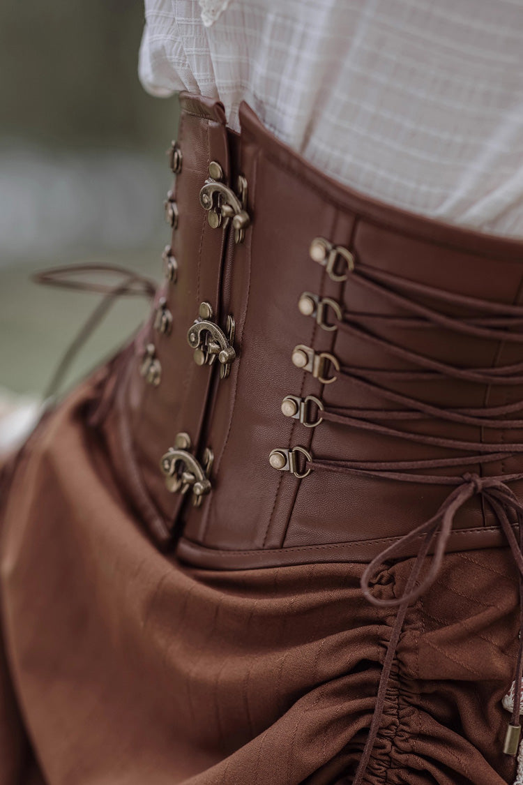 Brown Lace-Up Classic Vintage Leather Waist Lolita Belt with Metal Horn Buckle - Product - 4