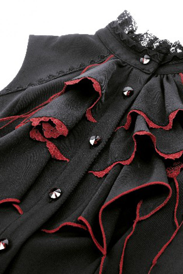Black/Red Contrast Color Women's Gothic Ruffled Stand Collar Jabot Sleeveless Halloween Tail Dress - Product - 12
