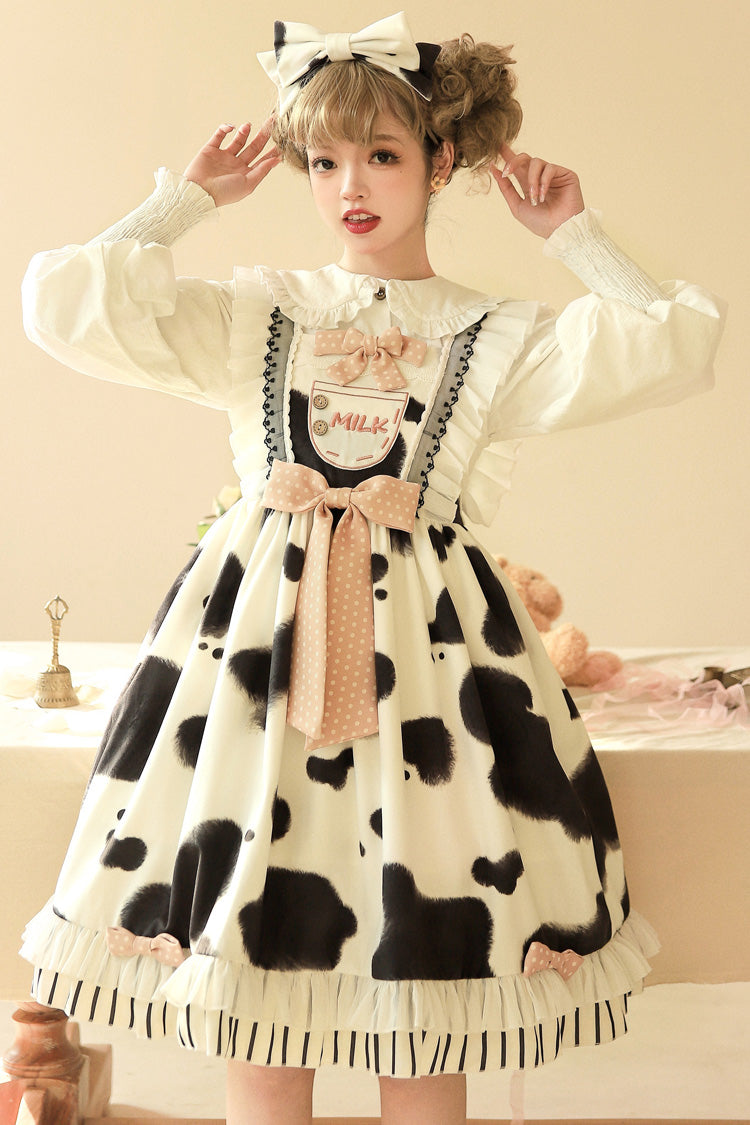 Milk Cow Print Ruffle Bowknot Sweet Lolita Jsk Dress 5 Colors - Black - 3