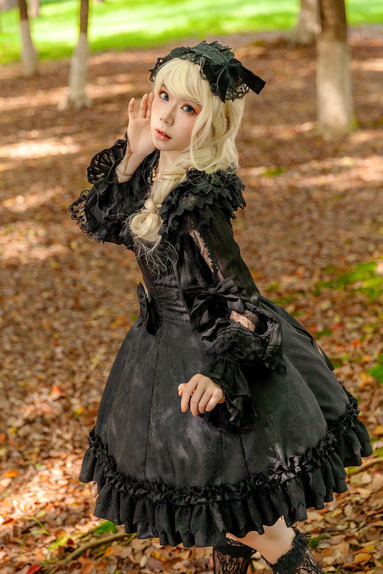 Black [Floral Canon] Round Collar Sleeveless Jacquard Printed Ruffled Bow Gothic Lolita Jsk Dress - Product - 8