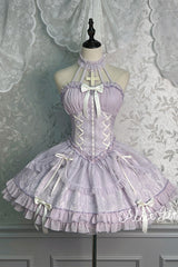 Purple Tube Top Sleeveless Ruffle Bowknot Gothic Lolita Jsk Tiered Dress - Purple - 1