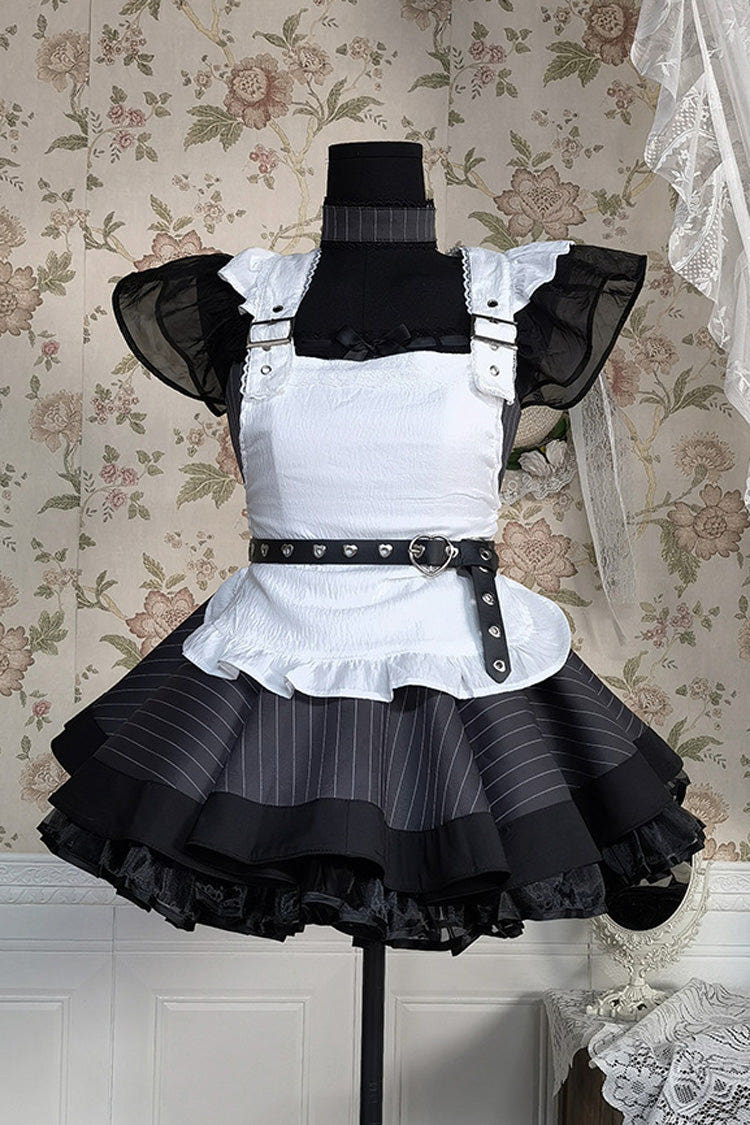 Grey Stripe Print Ruffle Bowknot Gothic Japanese Maid Lolita Dress - Grey - 1