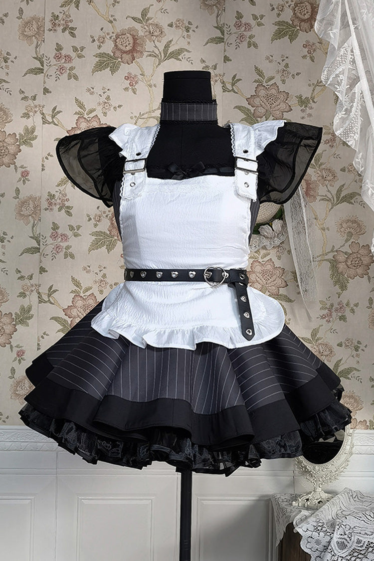 Grey Stripe Print Ruffle Bowknot Gothic Japanese Maid Lolita Dress - Grey - 1