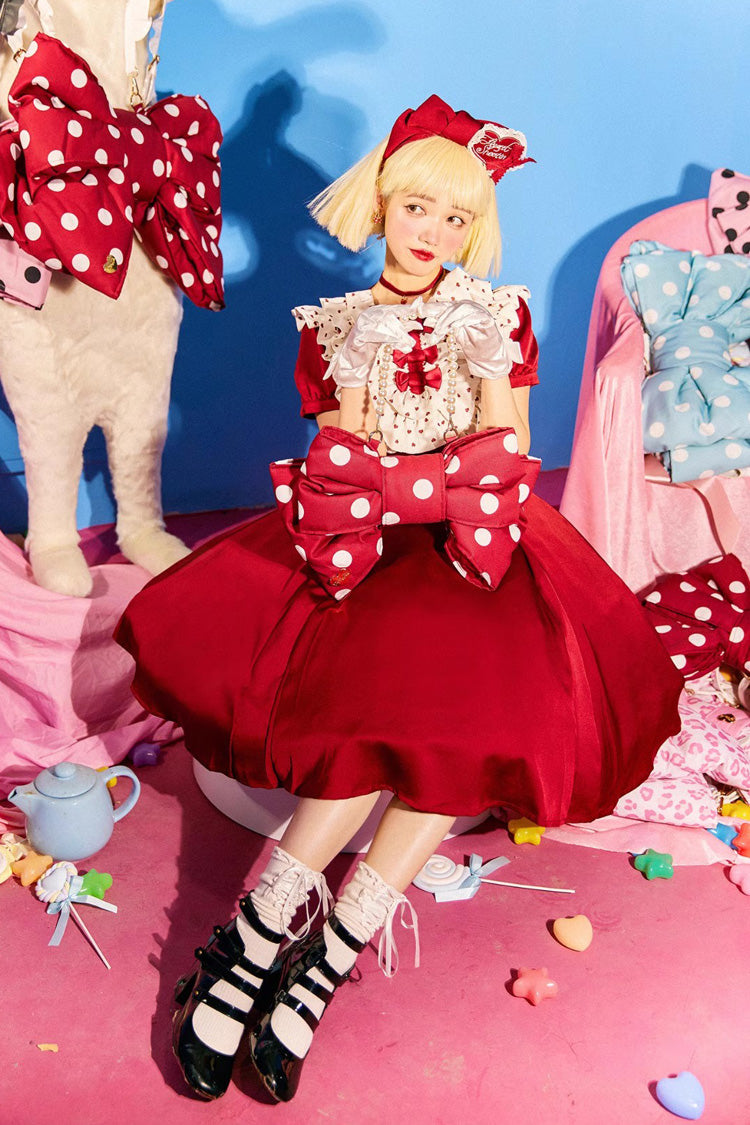Red/White Polka Dot Print Bowknot Shaped Sweet Lolita Backpack - Product - 6