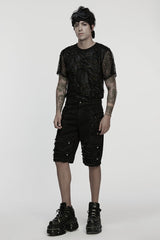 Black Ripped Eyelet Straps Men's Gothic Shorts - Product - 4