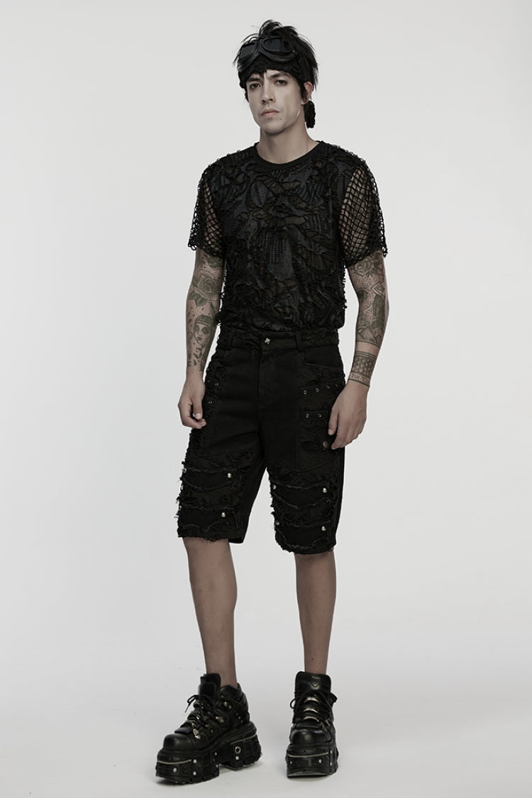 Black Ripped Eyelet Straps Men's Gothic Shorts - Product - 4