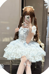 White/Blue [Ice Dance] Short Sleeves Multi-Layered Ruffle Embroidery Bowknot Lace Sweet Lolita Dress - Product - 6