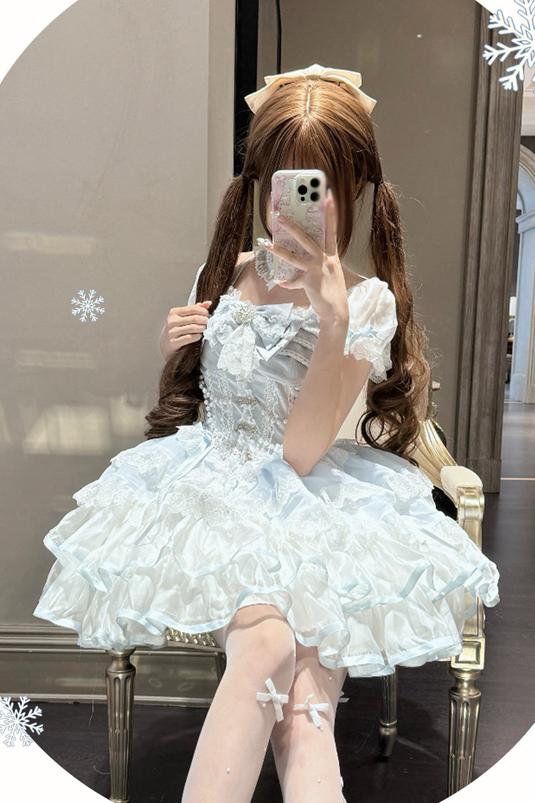White/Blue [Ice Dance] Short Sleeves Multi-Layered Ruffle Embroidery Bowknot Lace Sweet Lolita Dress - Product - 6