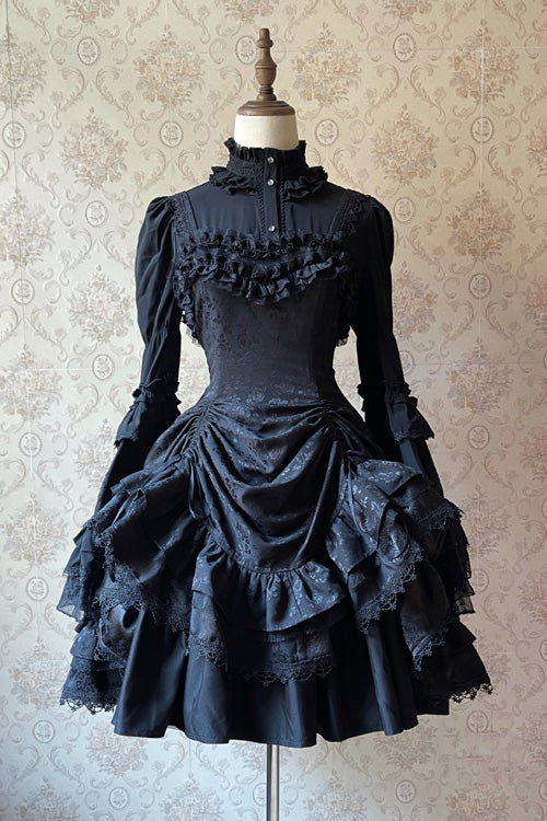 Dark Black High Waisted Ruffled Hanayome Gothic Lolita Dress - Black - 1