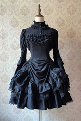 Dark Black High Waisted Ruffled Hanayome Gothic Lolita Dress - Black - 1