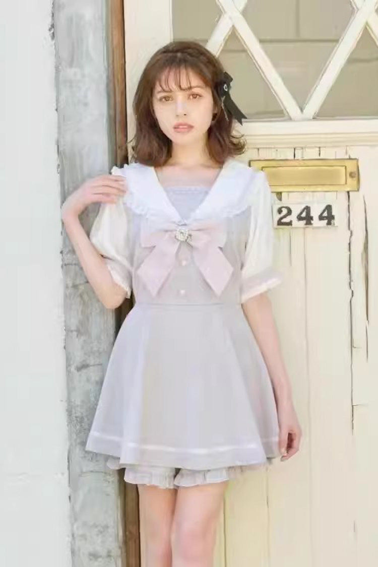 Jirai Kei Short Sleeves Bowknot Lace Sweet Dress Set 4 Colors - Grey - 3