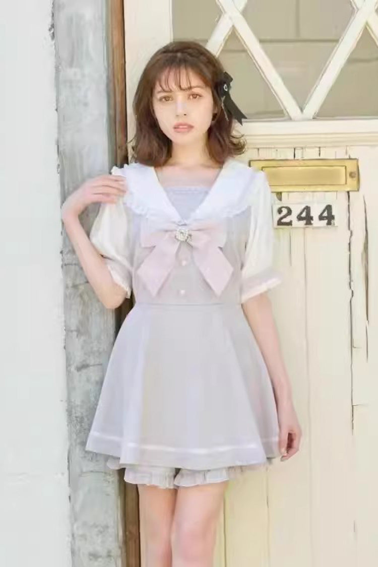 Jirai Kei Short Sleeves Bowknot Lace Sweet Dress Set 4 Colors - Grey - 3