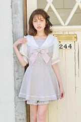 Jirai Kei Short Sleeves Bowknot Lace Sweet Dress Set 4 Colors - Grey - 3