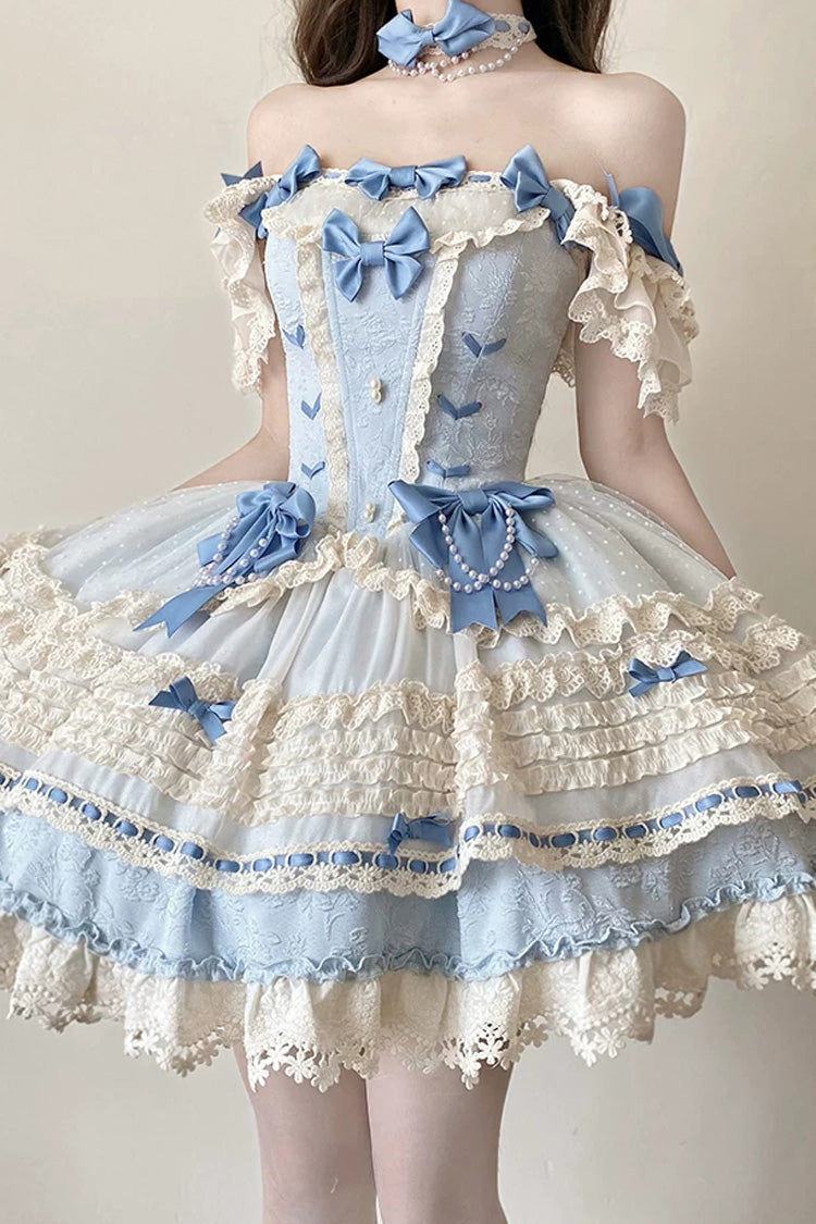 [Wind Chime Poem] Square Collar Flutter Sleeves Triple-Layered Printed Ruffled Bow Sweet Lolita Jsk Dress 4 Colors (Blue, Pink, Purple, Green) - Product - 16