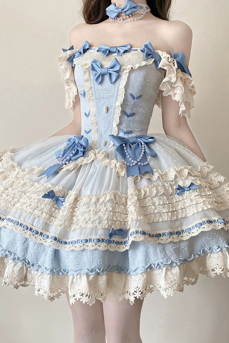 [Wind Chime Poem] Square Collar Flutter Sleeves Triple-Layered Printed Ruffled Bow Sweet Lolita Jsk Dress 4 Colors (Blue, Pink, Purple, Green) - Product - 16