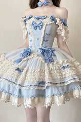 [Wind Chime Poem] Square Collar Flutter Sleeves Triple-Layered Printed Ruffled Bow Sweet Lolita Jsk Dress 4 Colors (Blue, Pink, Purple, Green) - Product - 16