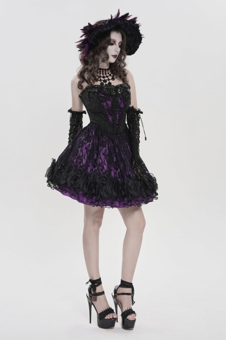 Black/Purple Off Shoulder Double-Layered Printed Cut-Out Lace Lace-Up Women's Gothic Jsk Dress - Product - 7