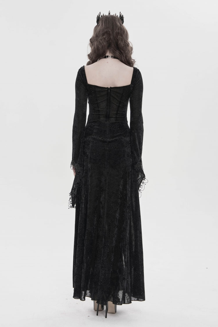 Black Halterneck Long Trumpet Sleeves Hanayome Lace Lace-Up Slim Chain-Decorated Women's Gothic Dress Plunging Split Maxi Dress - Product - 4