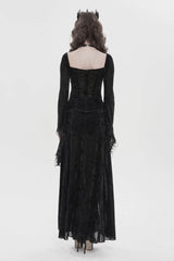 Black Halterneck Long Trumpet Sleeves Hanayome Lace Lace-Up Slim Chain-Decorated Women's Gothic Dress Plunging Split Maxi Dress - Product - 4