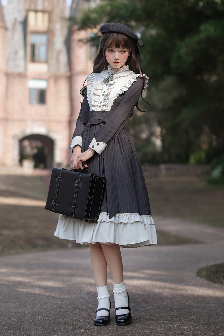 Dark Blue [Berlin Evening News] Long Sleeves Striped Print Ruffle Bowknot British College Style Elegant Sweet Lolita Dress - Product - 14