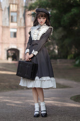 Dark Blue [Berlin Evening News] Long Sleeves Striped Print Ruffle Bowknot British College Style Elegant Sweet Lolita Dress - Product - 14