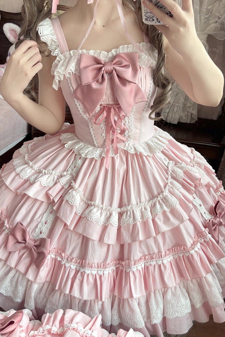 Pink Sleeveless Multi-Layered Ruffle Bowknot Lace-Up Sweet Lolita Tiered Dress - Product - 4