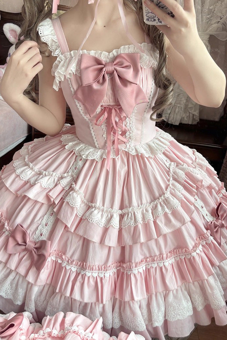 Pink Sleeveless Multi-Layered Ruffle Bowknot Lace-Up Sweet Lolita Tiered Dress - Product - 4